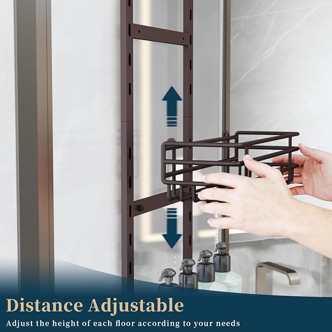 Consumest Over The Door Shower Caddy - 5 Tier Adjustable Shower Organizer Hanging with 2 Toothbrush Holders & 4 Hooks, Rustproof Organizer Shelf, Storage Rack for Bathroom, Bronze