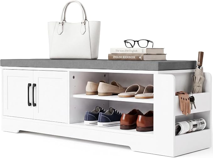 GRUSIGN 47.3" Shoe Storage Bench with Cushion, Entryway Shoe Cabinet, White | 3-in-1 Shoe Storage Bench, 47.3", Adjustable Shelves, Removable Cushion, 300 lbs Capacity, Entryway, Apartment, Families