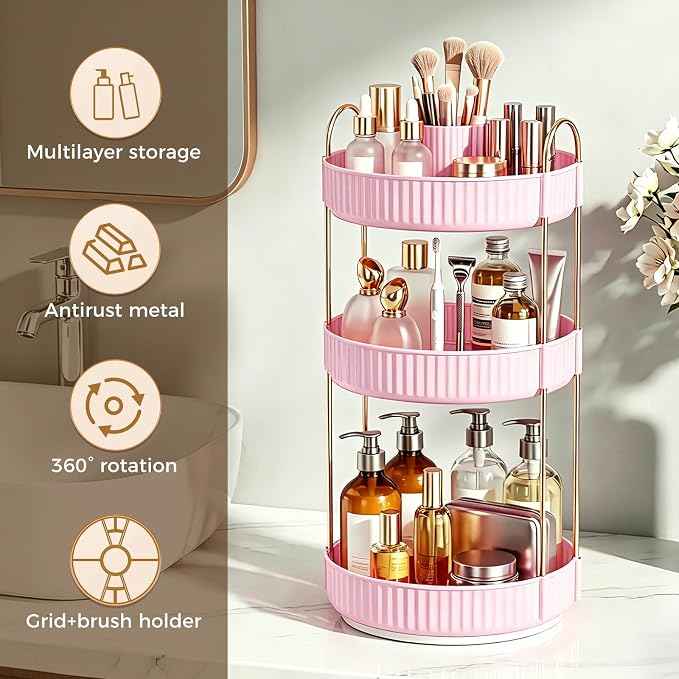360° Rotating Makeup Organizer, Upgraded 3 Tier Skincare Perfume Organizers for Women, Bathroom Organizer Countertop, Clear Cosmetic Dresser Organizer with Makeup Brush Holder, Sink&Counter(Pink)