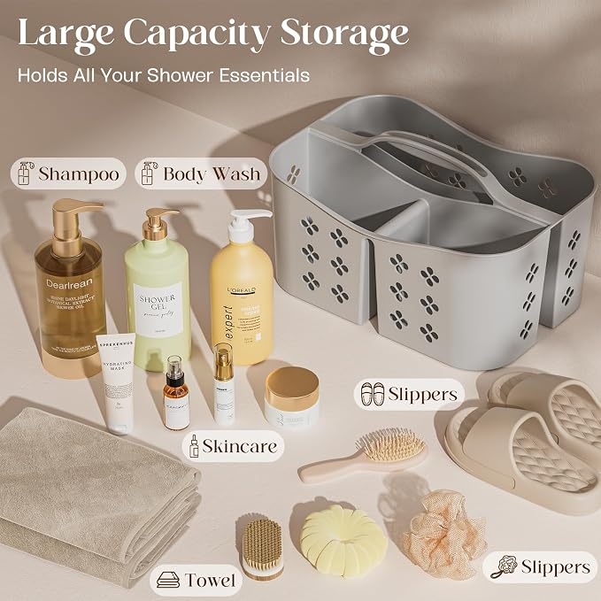 Portable Shower Caddy with Handle, Large Capacity Shower Basket Organizer, Quick-Drain Bathroom Storage Tote, Durable Plastic Shower Organizer for College Dorm, Beach, Gym, Travel Essentials, Grey