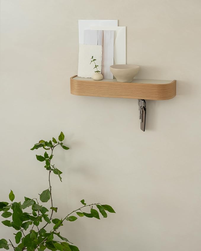 Kazai. Key Holder 'Toke' | Minimalist Key Hook Design from Berlin | Modern Key Holder Wall Mount with Wooden Shelf | Key Rack for Wall as Entryway Organizer | Oak