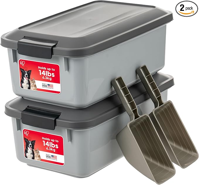 IRIS USA Dog Food Storage Container, 2-Pack, Up to 14 lbs, Gray | Made in the USA, Comes with 2-Cup Sccop, Stacklable, Airtight Seal, BPA-Free, Bird Seed, Cat food, Treats, Keeps Kibble Fresh