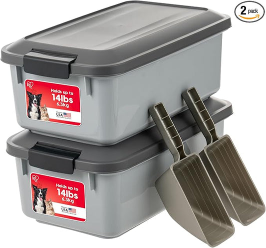 IRIS USA Dog Food Storage Container, 2-Pack, Up to 14 lbs, Gray | Made in the USA, Comes with 2-Cup Sccop, Stacklable, Airtight Seal, BPA-Free, Bird Seed, Cat food, Treats, Keeps Kibble Fresh