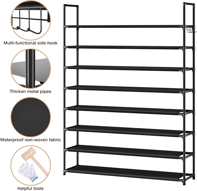 OYREL 8 Tier Shoe Organizer, 33.3in Wide x 11.2in Deep x 55.7in Tall, Black Metal and Plastic Shoe Rack, Holds up to 32-40 Pairs of Shoes | 32-40 Pairs, Closet, Entryway, Garage, Door Entrance, Large Storage Shoes Holder Stand, Sturdy Free Standing Boo...