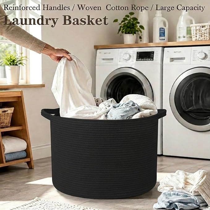 115L Extra Large Blanket Basket,Woven Rope Laundry Basket-Black | Collapsible, reinforced handles, nursery storage bin organizes clothes, toys and pillows for living room, bedroom bathroom
