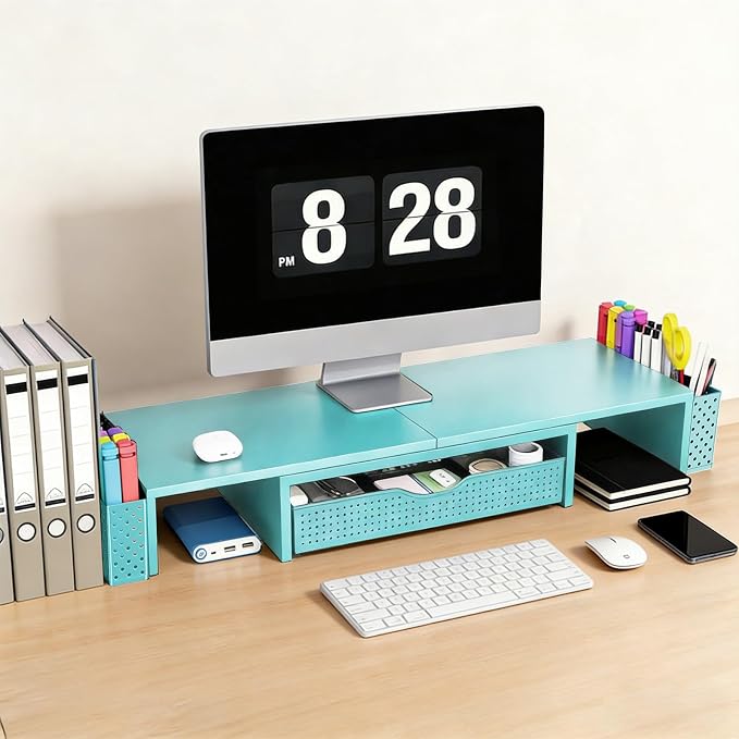 Spacrea Metal Desk Organizers and Accessories, Dual Monitor Stand Riser with Drawer and 2 Pen Holders, Desk Accessories & Workspace Desktop Organizers for Office Supplies (Blue)