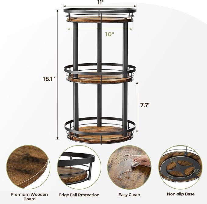 LAMU 10'' Wood Lazy Susan Spice Rack Organizer, 3 Tier Spice Organization for Cabinet, Countertop, Kitchen, Table Top, Pantry, Condiment and Seasoning Rack Organizer