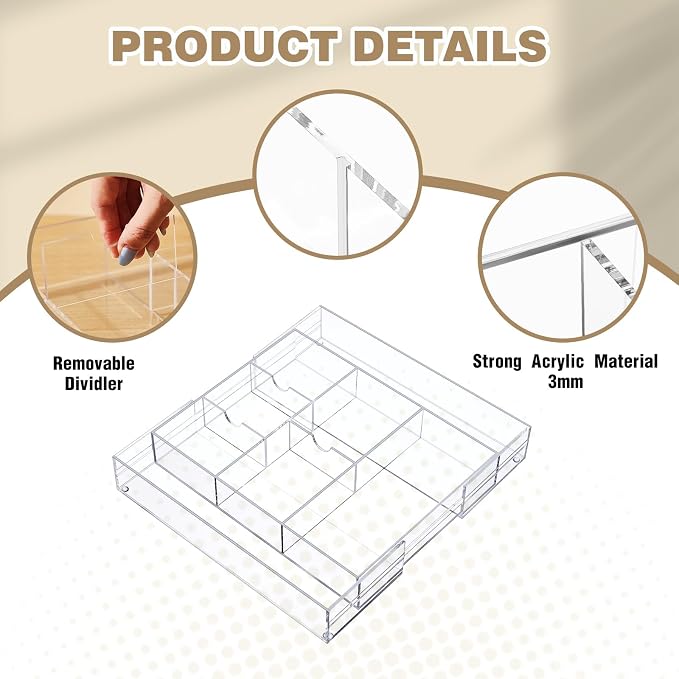 Briwooody Clear Acrylic Drawer Organizer Expandable,8 Compartments,Large | 9'' up to 18'' x 12'' x 2.1'' Desk Drawer Organizer Trays Adjustable with Desk Accessories for Makeup Office Bathroom