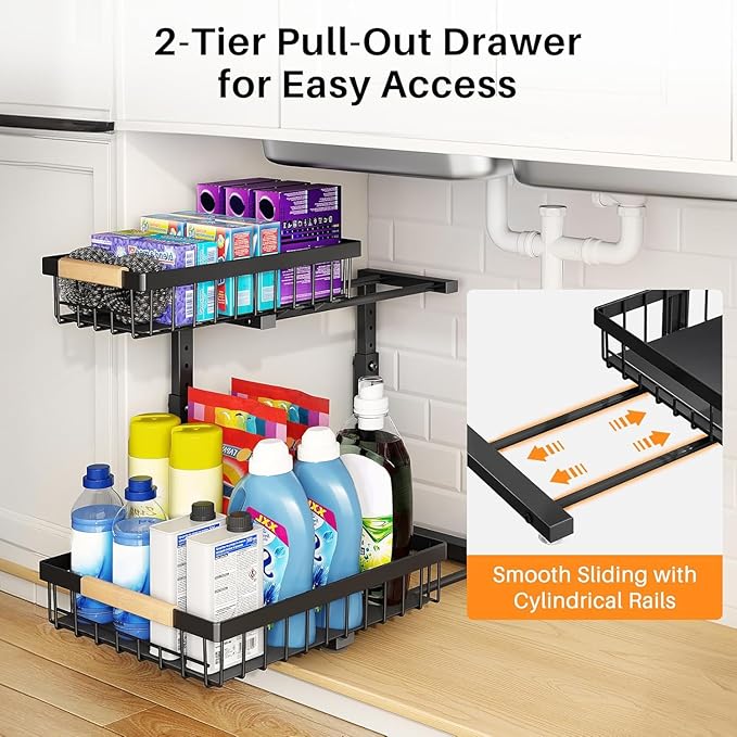 PXRACK Under Sink Organizer, Adjustable Height, 2 Tier Pull Out Under Cabinet Organizer, Slide Out Thickened Metal Under Sink Storage for Kitchen Bathroom Laundry Pantry Cabinet, Black, Large-1-Pack