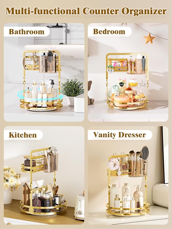 360° Rotating Makeup Organizer for Vanity, Gold Bathroom Organizer | 2-Tier Perfume Organizer with Makeup Brush Holder & Jewelry Hooks,Spinning Counter Shelf Storage for Perfume Skincare Dresser