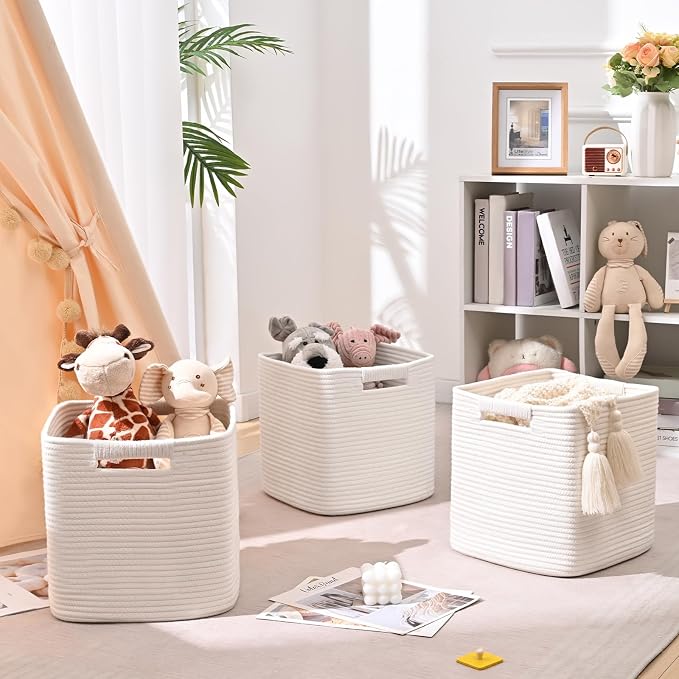 11 Inch Storage Cubes, 3 Pack Cube Storage Bins for Organizing, Cotton Rope Woven Baskets for Shelves, Bathroom, Kids Room, Closets, Baby Nursery