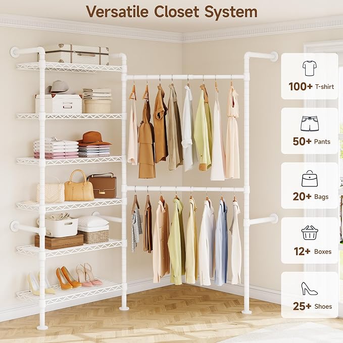 L2 Wall Mounted Closet System, Industrial Pipe Clothing Rack Clothes Racks with 2 Telescopic Rod & 6 Shelves, Heavy Duty Closet Organizers System in Wardrobe Closet, White