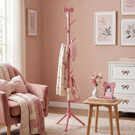 RattanView Wooden Pink Bow Coat Rack Coquette Freestanding Coat Rack with 8 Hooks and 3 Adjustable Size Tree Racks for Purse Hats Scarves Handbags Bedroom Hallway Entrance Office