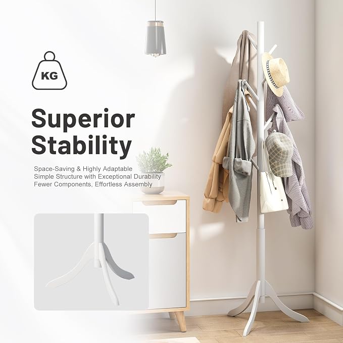 kiplant Coat Rack Stand with 8 Hooks, Adjustable Coat Standing Tree Easy Assembly for Coats, Hats, Scarves and Handbags for Entryway, Hallway, Bedroom, Office (Bamboo, White)