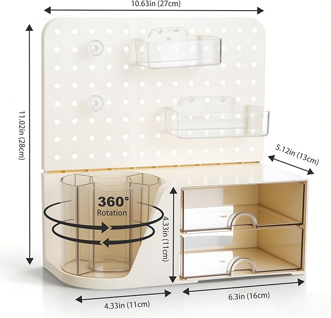 Comix Desk Organizer with 2 Drawer, Beige 360° Rotating Pen Holder for Desk | Desk Organizers and Accessories with 5 Slots Pencil Holder+Pegboard+Drawer, Pen Organizer for Home School Art Office Supplies