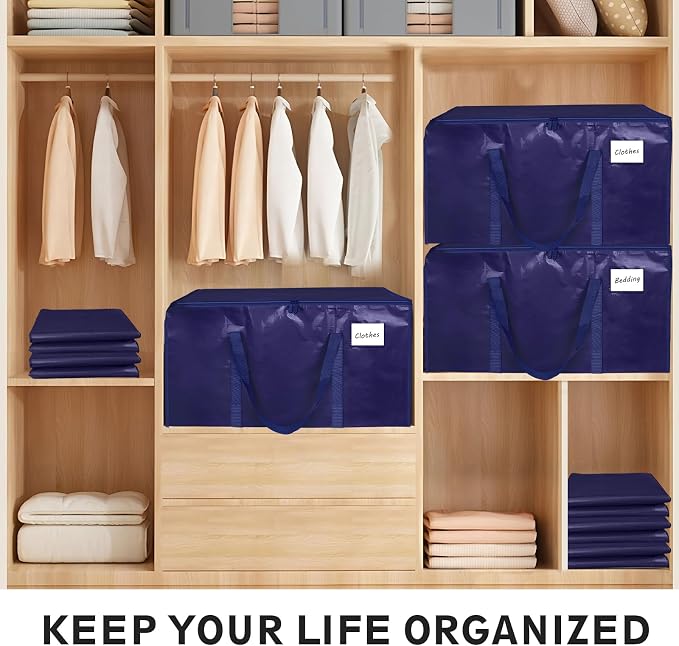 4 Pack-Extra Large Heavy Duty Moving Bags - Waterproof Storage Totes with Handles & Zippers, Foldable for College Dorm, Storage (Dark Blue)