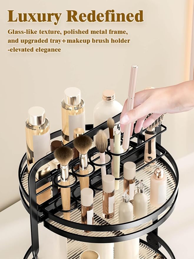 Rotating Makeup Vanity Organizer, 360 Spinning Perfume Organizer | 2-Tier Black Bathroom Countertop Organizer, Lazy Susan Counter Shelf Skincare Storage, Perfume Stand with Makeup Brush Holder
