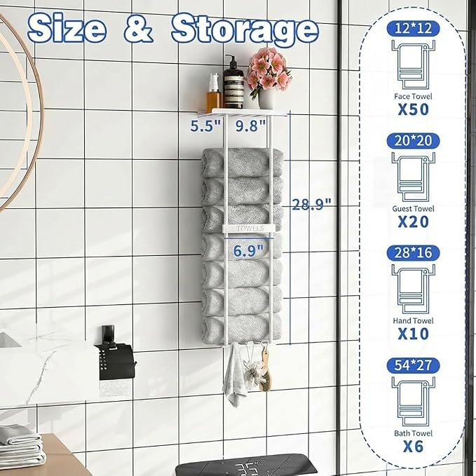 2-Tier Wall-Mounted Towel Rack with Hooks & Shelf, Black Metal Towel Holder for Small Bathrooms (White)