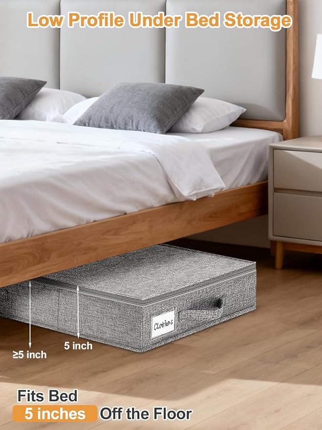 punemi 5 inch High Sturdy Low Profile Under Bed Storage, 2 Pack, Grey | Shallow Storage Bin with Sturdy Sides & Bottom, Ideal for Clothes, Blankets & Toys, Fits Under Cribs, Sofas & Dorm Beds