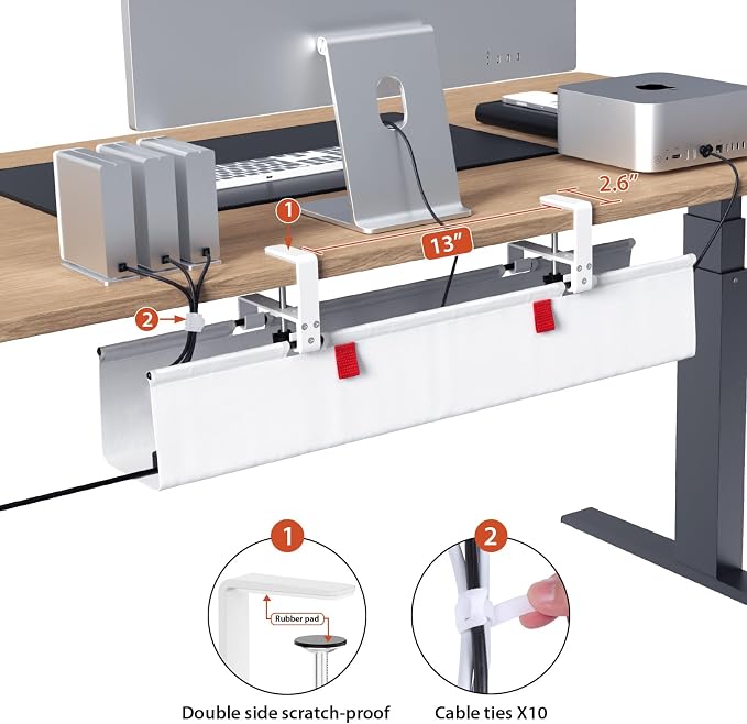 Univivi No Drill Under Desk Cable Management Tray, 28 inch Cable Management | Clamp/Screw Mount Cable Management Desk, Premium Fabric Cable Management Box, Various Sizes Wire Management for Office, Home