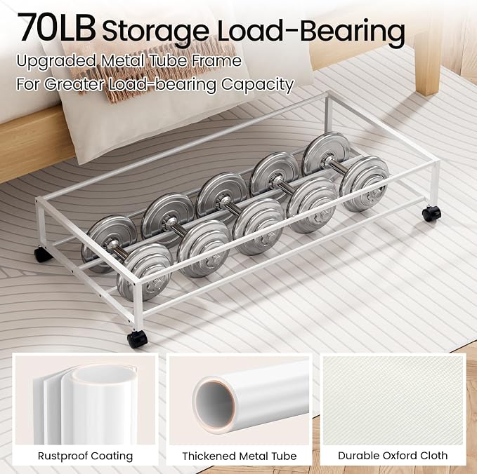 Yecaye 70L Large Under Bed Storage Containers with Wheels, 2 Pack, Beige | Larger Capacity, 360° Rolling Wheels, Clear Window & Label, Sturdy Fabric, Rolling Metal Drawers for Clothes, Shoes, Blankets