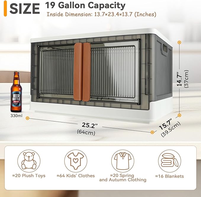 Storage Bin, Cabinet with Lids, Extra Large, Useful Box, 19 Gallon (72L) Capacity, Foldable, Plastic, Underbed or Countertop Use, Home Organizer