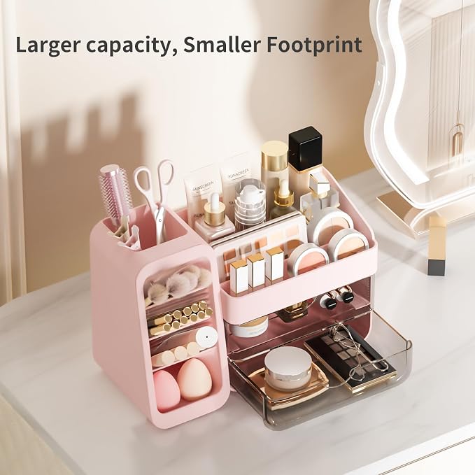 Countertop Makeup Skincare Organizer with Adjustable Brush Holder, Pink | Extra Thick Plastic, Clear Drawers, Large Bathroom Vanity Counter Organizer, Cosmetic Storage for Perfume, Lipstick, Palettes
