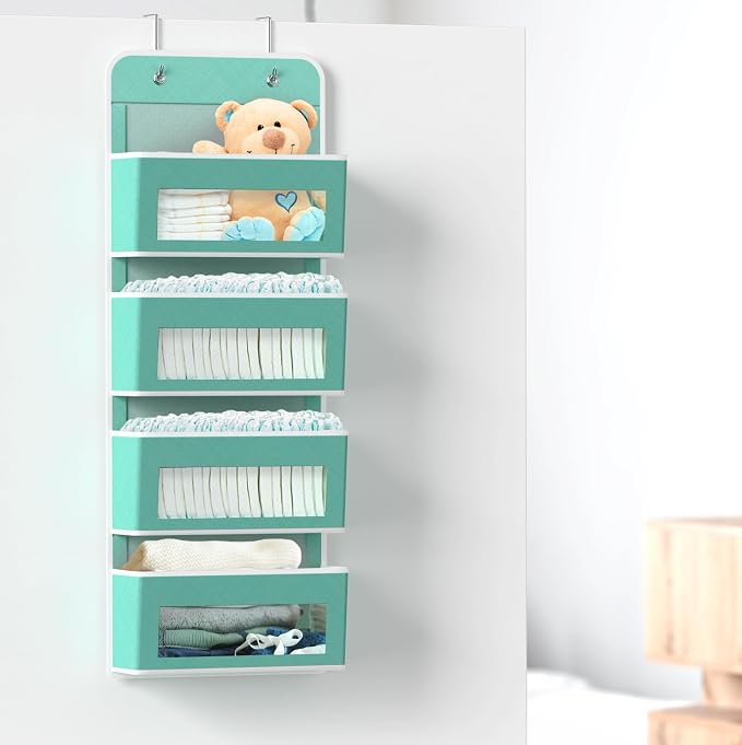Simple Houseware 4 Clear Pocket Over Door Hanging Organizer, Turquoise | Over the Door Storage for Closet, Bedroom, Bathroom, Pantry