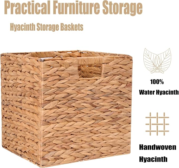 12x12x12 Inch Wicker Storage Basket Set of 2 Foldable Hyacinth Storage Box | Handmade Woven Basket for Closet,Shelf Organization & Decor - Natural