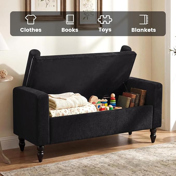 End of Bed Bench for Bedroom, 45.7" Linen Storage Ottoman Bench with Removable Pillows, Upholstered Entryway Bench with Solid Wood Legs, Storage Cabinet for Bedroom, Living Room, Entryway, Black