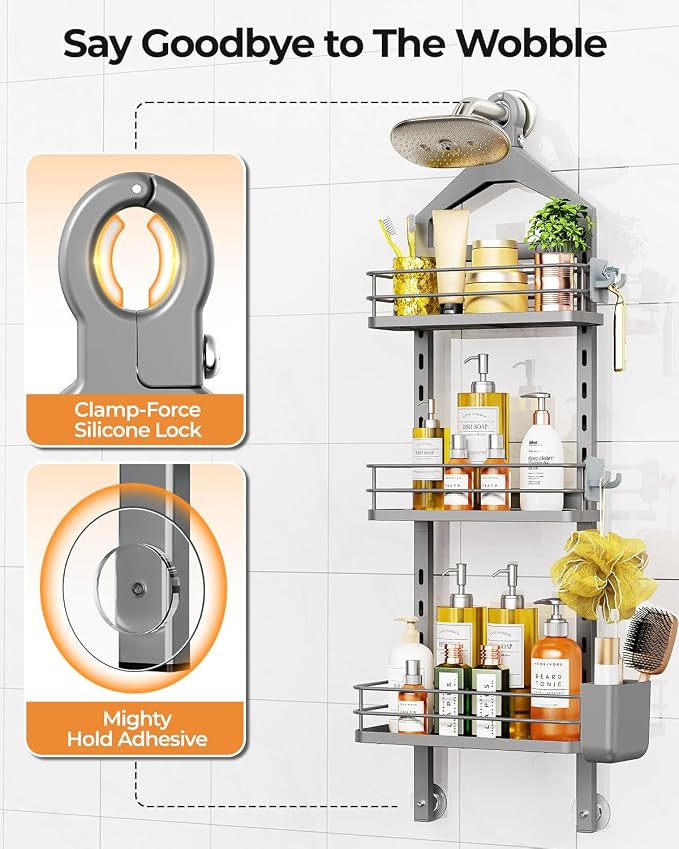 ODesign 3 Tier Adjustable Shower Caddy Hanging Over Head Anti-Swing Grey | Shower organizer hanging,no drilling required,comes with removable hook and storage box, suitable for indoor showers