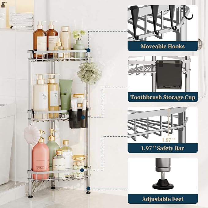Consumest Corner Shower Caddy Stand - Rustproof Bathroom Organizer&Storage | 3 Tier Shower Shelves for Inside Shower, Stainless Steel Corner Shelf with Soap Holder, 4 Hooks, Brush Holder, Silver