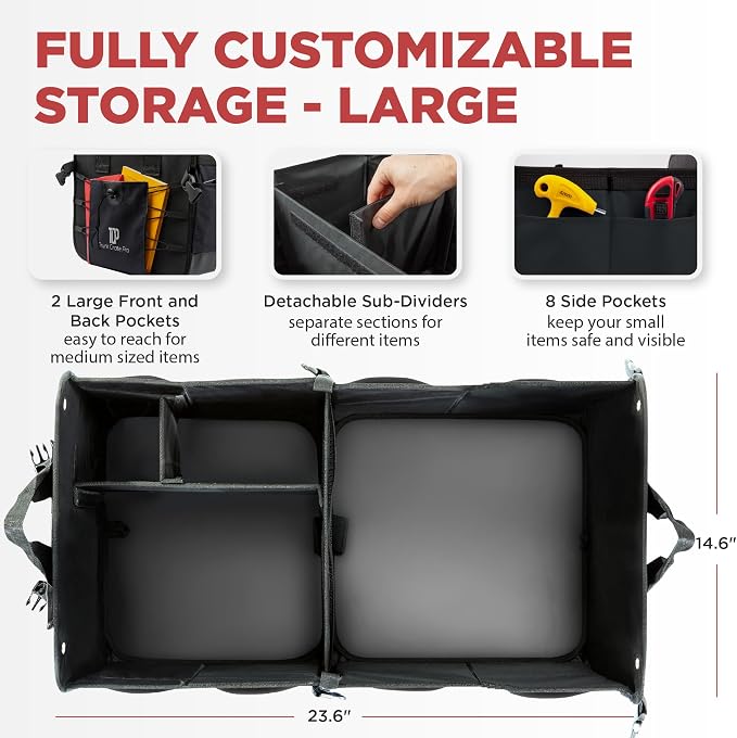 Car Trunk Organizer for SUV & Truck Cargo Storage, Large, Black | Fits Cars, SUVs & Trucks 4 Adjustable Compartments Non-Slip Base & Straps Foldable 11 Pockets Car Accessories