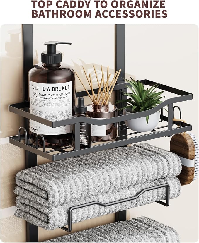 Aetyord Hanging Towel Racks for Bathroom No Drill - 6-Tier Over The Door Bath Towel Storage Organizer for Small Bathrooms - Tiered Back of Door Towel Holder Hanger for Rolled Towels RV Camper Black | 6-Tier Over The Door Bath Towel Storage Organizer wi...