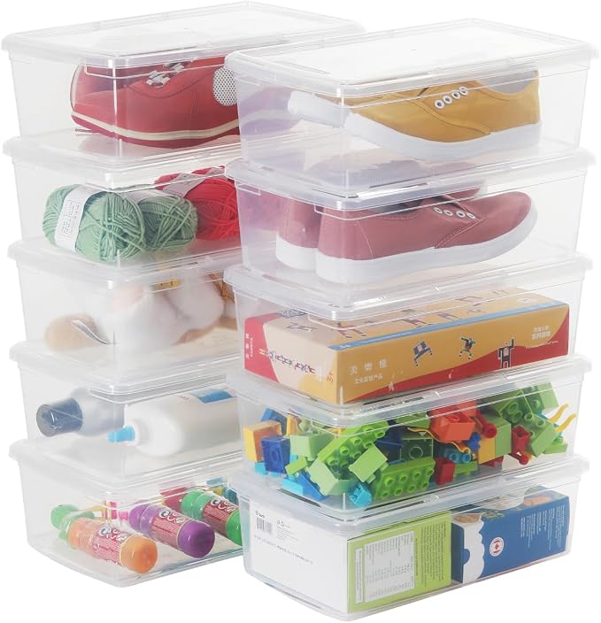 Stackable Plastic Storage Shoebox, BPA-Free Nestable Container with Latching Lid to Organize Shoes, See-Through Box for Home and Office, Multi-Purpose Storage Case, Clear Bins (10 Pack 6 Quart)