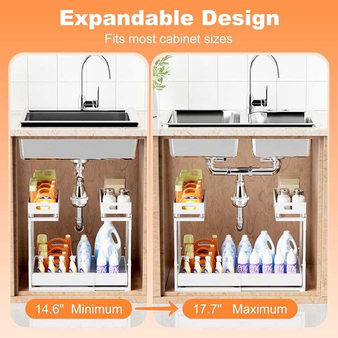 Upgrade 1 Pack Expandable Under Sink Organizer: 2-Tier Pull Out Cabinet with 3 Heavy-Duty Ball-Bearing Slide Rails, Tool-Free Height Adjustable, Slide-Out Drawers for Kitchen, Bathroom, Laundry