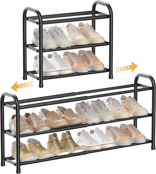 ENJOYBASICS 3 Tier Expandable Shoe Rack for Closet, Free Standing Metal Shoe Shelf Storage Organizer Holder 12 Pairs, Adjustable Width Shoe Rack for Entryway Small Space, Black