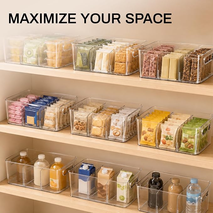 Mpotmiy Pantry Organizers and Storage , 8 Pack Snack Organizer for Pantry Shelf,Food Storage Bins with Divider,Clear Containers for Organizing,Transparent Plastic Basket,Refrigerator and Fridge Bins