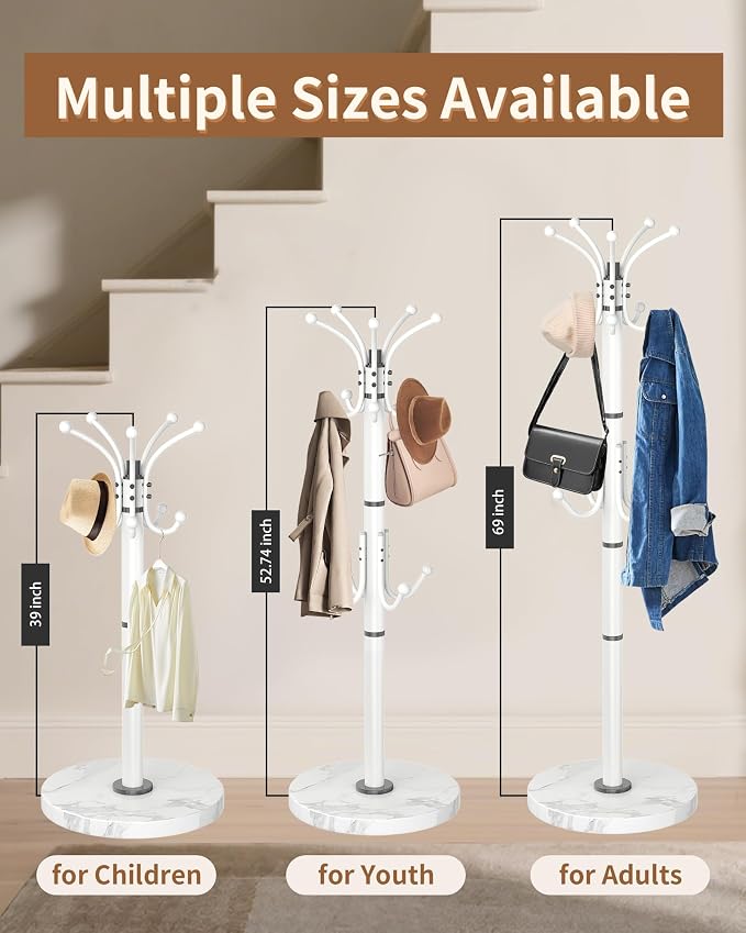 EZIVIEZ Modern Coat Rack Stand, 360° Rotary Metal Freestanding Coat Rack with Natural Marble Base, Black Coat Racks and Coat Hanger Tree Jacket Stand with 14 Hooks for Office, Entryway, Hallway