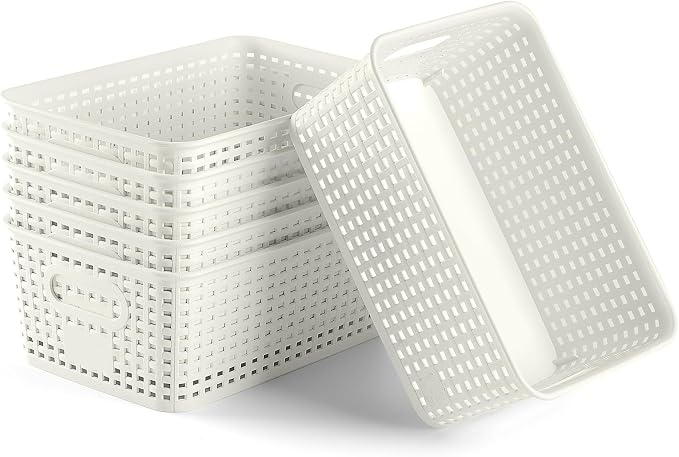 Plastic Storage Baskets 6 Pack Sturdy Storage Organizer Basket Woven Plastic Storage Bins for Shelves,Closet,Countertops, Desktops, Cabinets and Badrooms,Saving Storage, Stylish Design,White