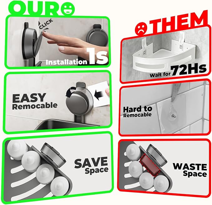Corner Shower Caddy Suction Cup,Shower Shelves with Hooks,No Drilling Powerful Upgrade Suction Bathroom Corner Organizers and Storage,Removable Waterproof Rustproof Shower Shelf Bathroom Decor