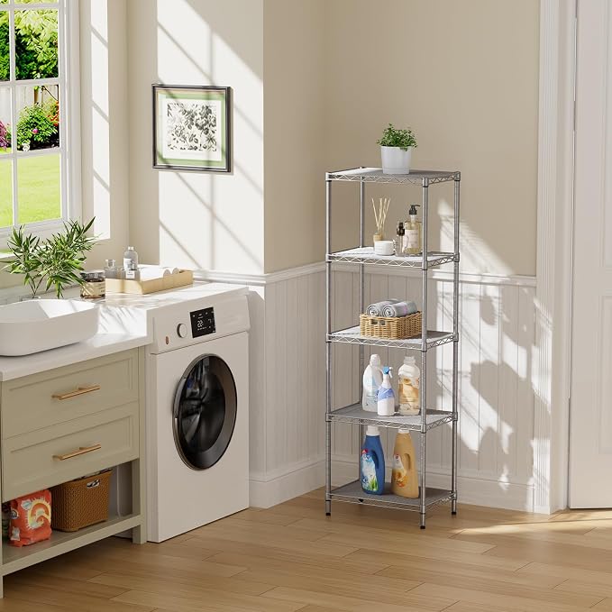 SINGAYE Metal Shelves Wire Shelving Storage Standing Adjustable Shelf Unit | 5 Tier Mesh Units Shelf for Kitchen Laundry Bathroom Closet Organizers Pantry Narrow Home Rack 10" D x 16" W x 55" H Gray