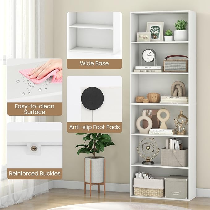 Giantex 6-Tier Bookcase, 70" Tall Wooden Bookshelf, Freestanding Storage Organizer w/Open Shelves, Anti-Tipping Kits, Modern Floor Standing Display Shelves for Living Room, Bedroom (1,White)