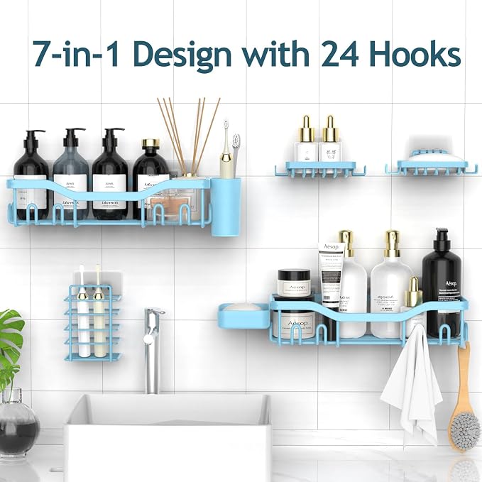 NESOMI Shower Caddy Adhesive Shower Organizer 7-Pack, Rustproof Stainless Steel Bathroom Shelves, Large Capacity No-Drill Rack Storage Accessories with Soap Dish Toothbrush Holder Hooks