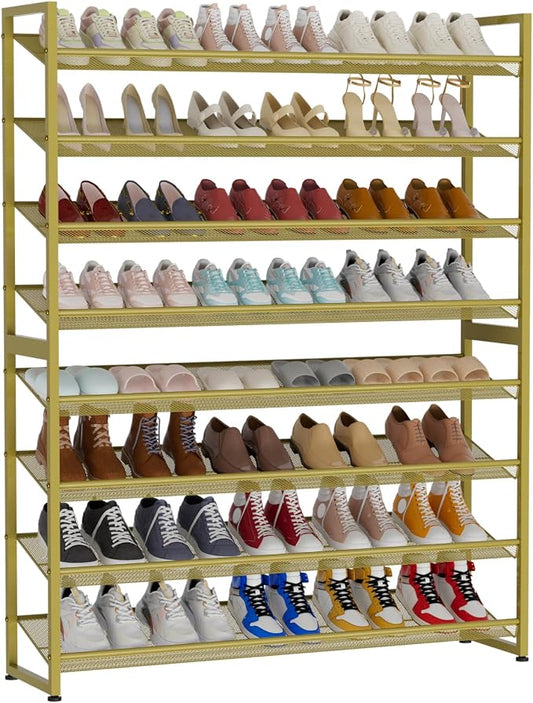 Large Shoe Rack 8 Tier Shoe Organizer, Heavy Duty Metal 4-Tier Stackable Shoe Storage Vertical Shoe Rack for Closet Front Door Entrance, Up to 50 Pairs, 44.8" W x 11.4" D x 56.7" H, Gold