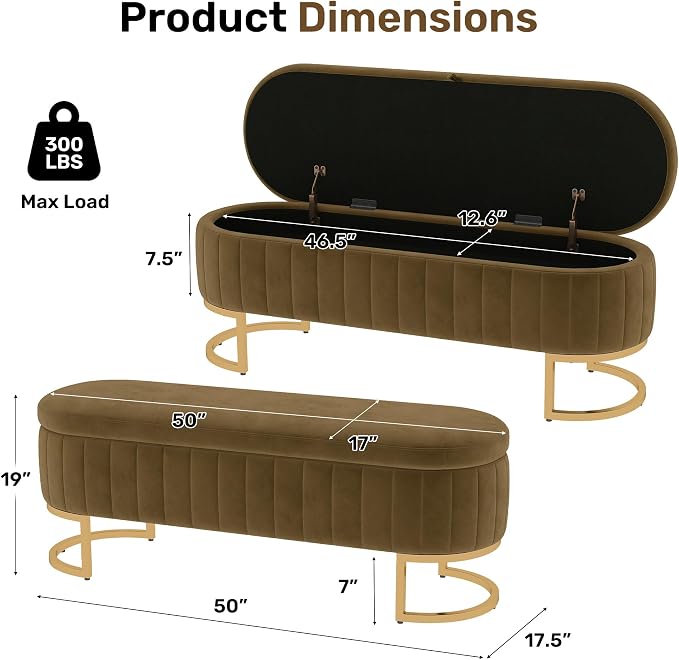 51" Velvet Storage Ottoman Bench End of Bed for Bedroom Entryway Coffee