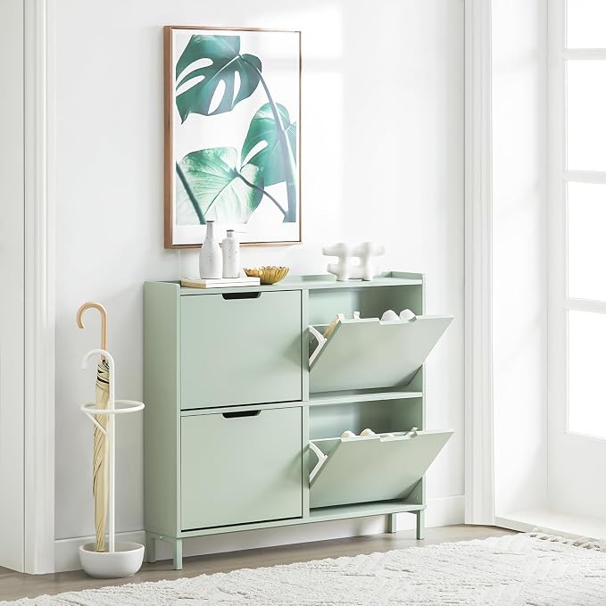 Haotian Green Shoe Cabinet with 4 Flip-Drawers | Narrow Freestanding Shoe Rack, Slim Shoe Organiazer for Entryway Hallway Mudroom, FSR100-GR