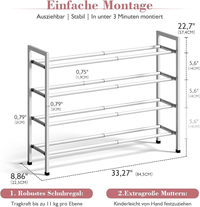 Bumusty 4 Tier Expandable Shoe Rack for Closet, White | 18"-33" Adjustable Shoe Rack for Entryway, Small Shoe Organizer for Dorm, Front Door, Sturdy Metal