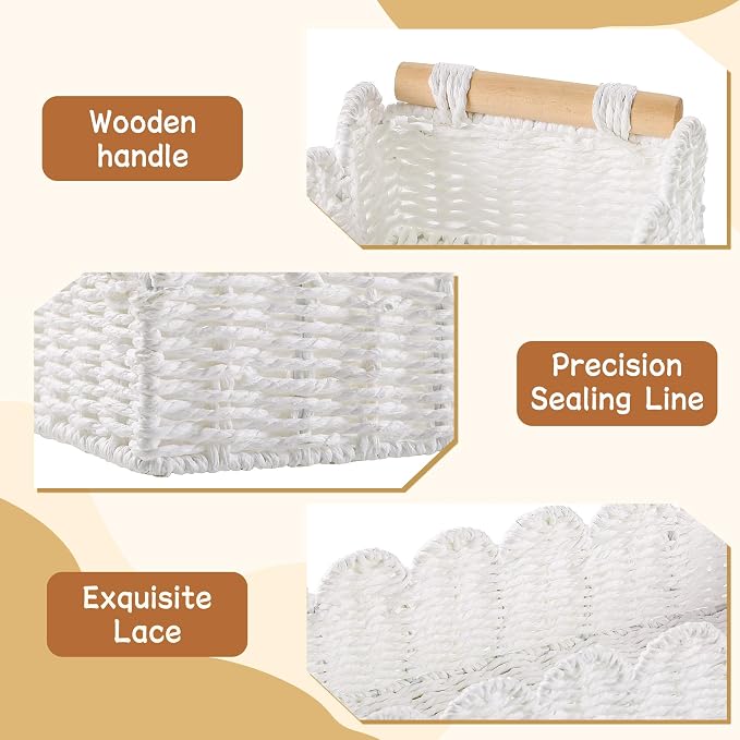 Bathroom Decor Basket for Toilet Paper Storage Baskets For Organizing | For Bedroom Living Room Kitchen Home Decor Scalloped Cute Basekt With Handle for Apartment Countertop,White
