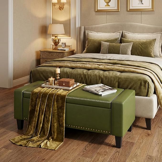 AKMAKM 49''W Storage Ottoman Bench, 30 Gallons End of Bed Bench, Faux Leather, Mid Century Modern, Upholstered Bench with Storage and Seat for Entryway, Living Room, Holds up to 350 lb, Green